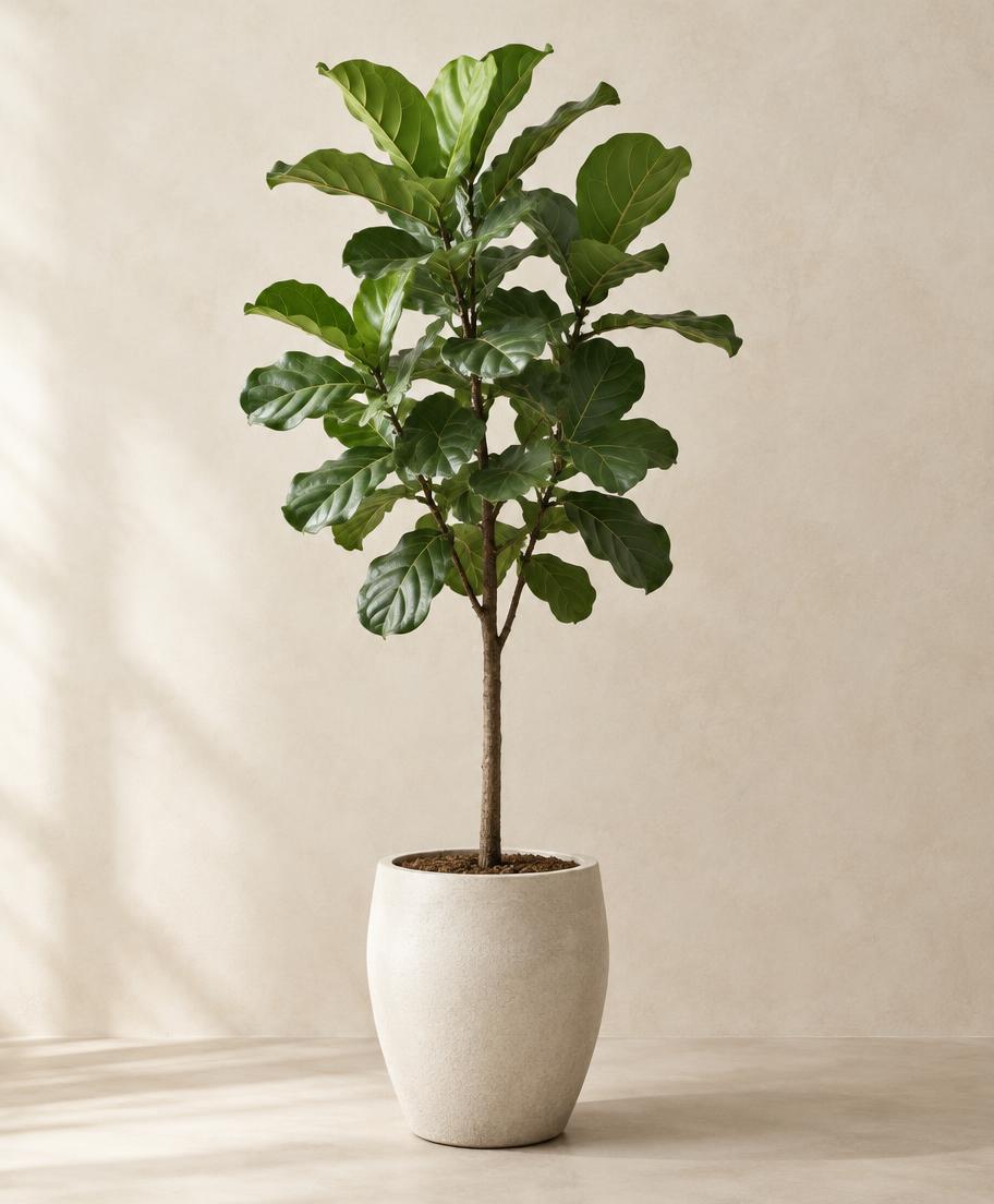 Fiddle-leaf fig tree in a pale stone pot