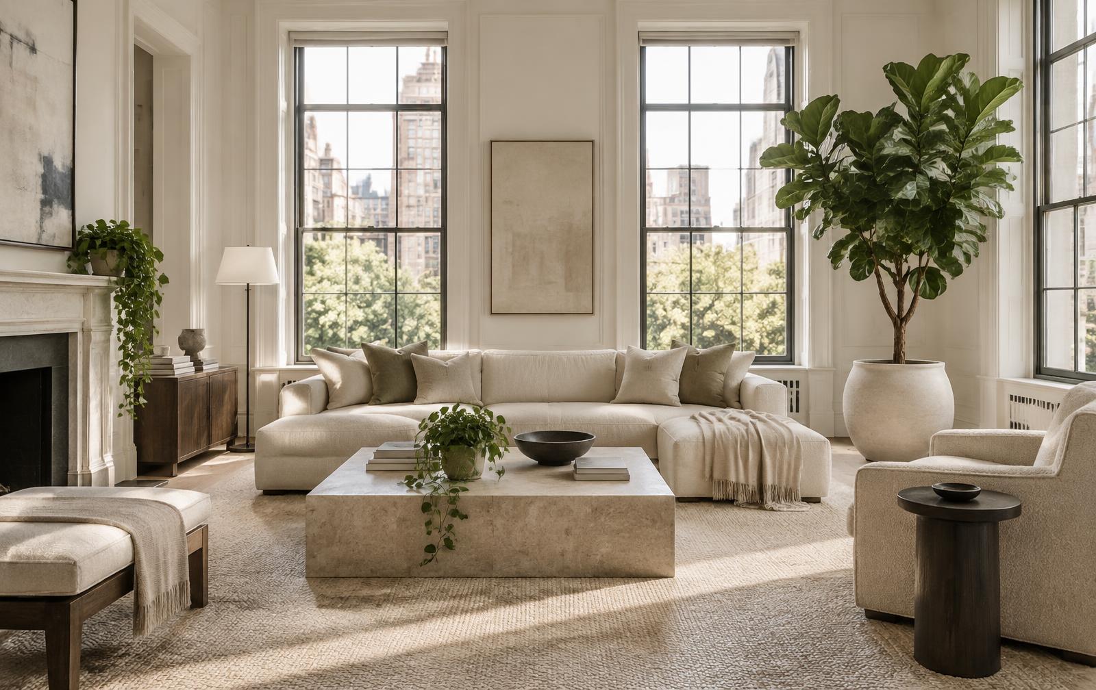 Concept living room with a sculptural potted tree